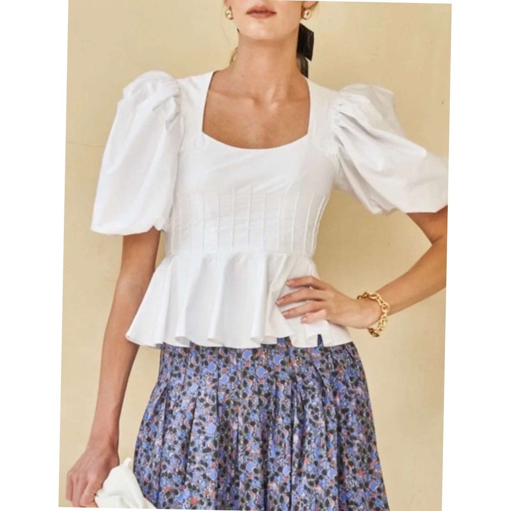 Hunter Bell Camille Top Bright White Puff Sleeve Peplum Cotton Poplin HBW366 6